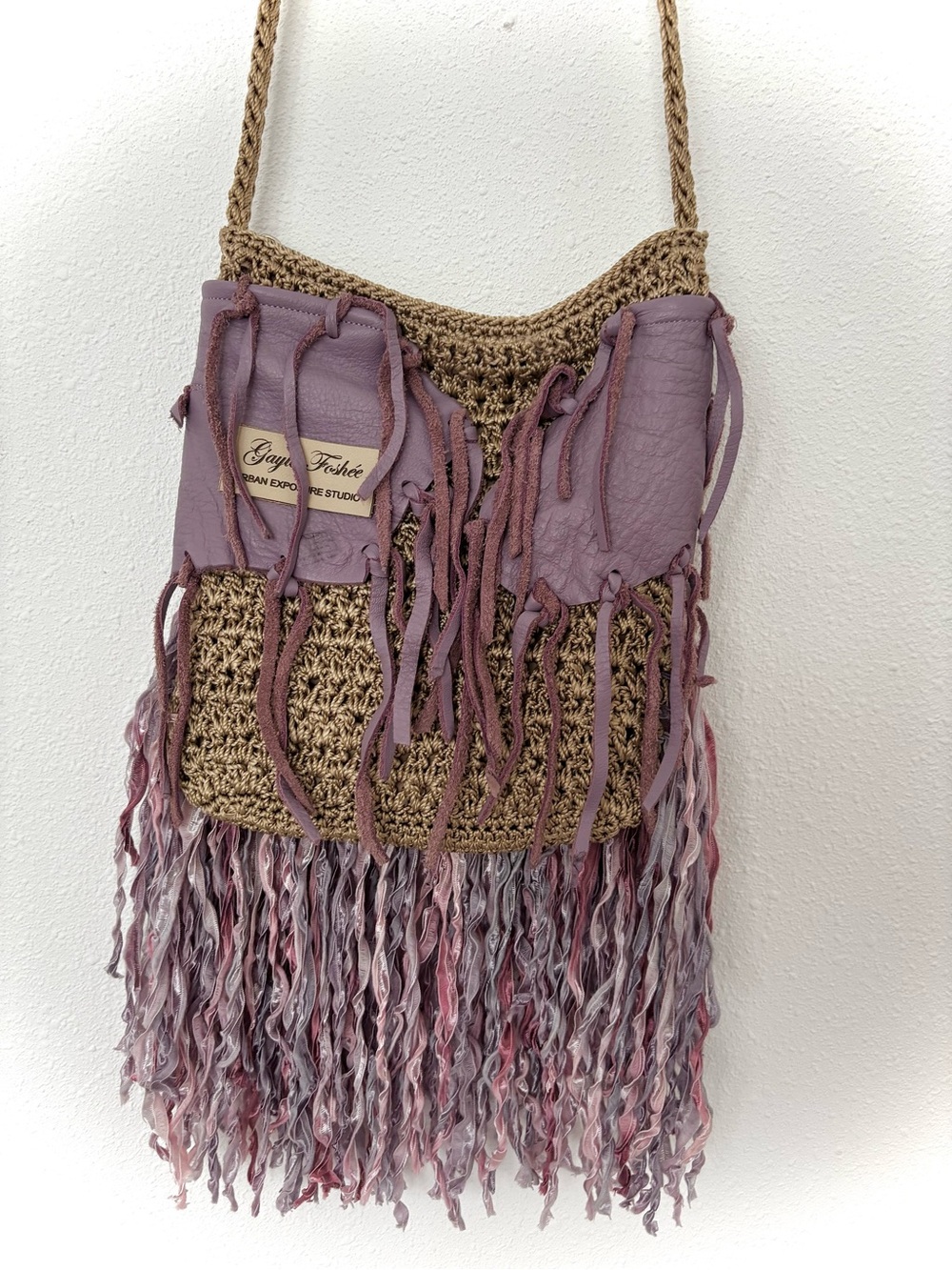 Boho Lavender Fringe Crossbody Bag - Artist handmade -